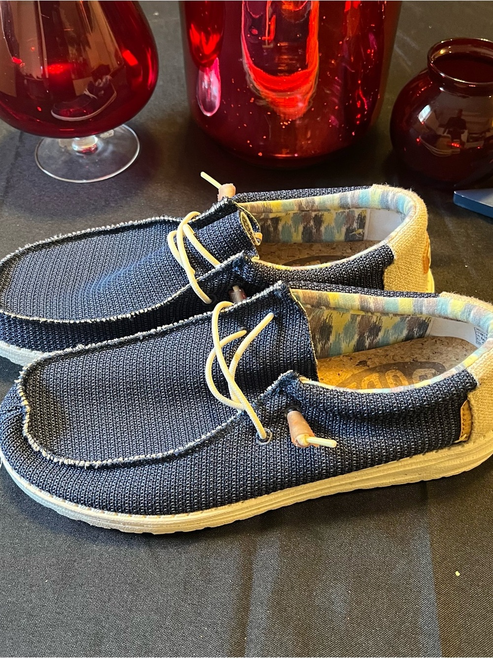 Hey Dude Navy Knit Slip-On Loafers with Cream Laces - Picture 2 of 5